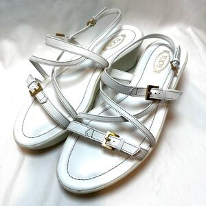 Tod's White Strappy Platform Sandals with Gold Buckles